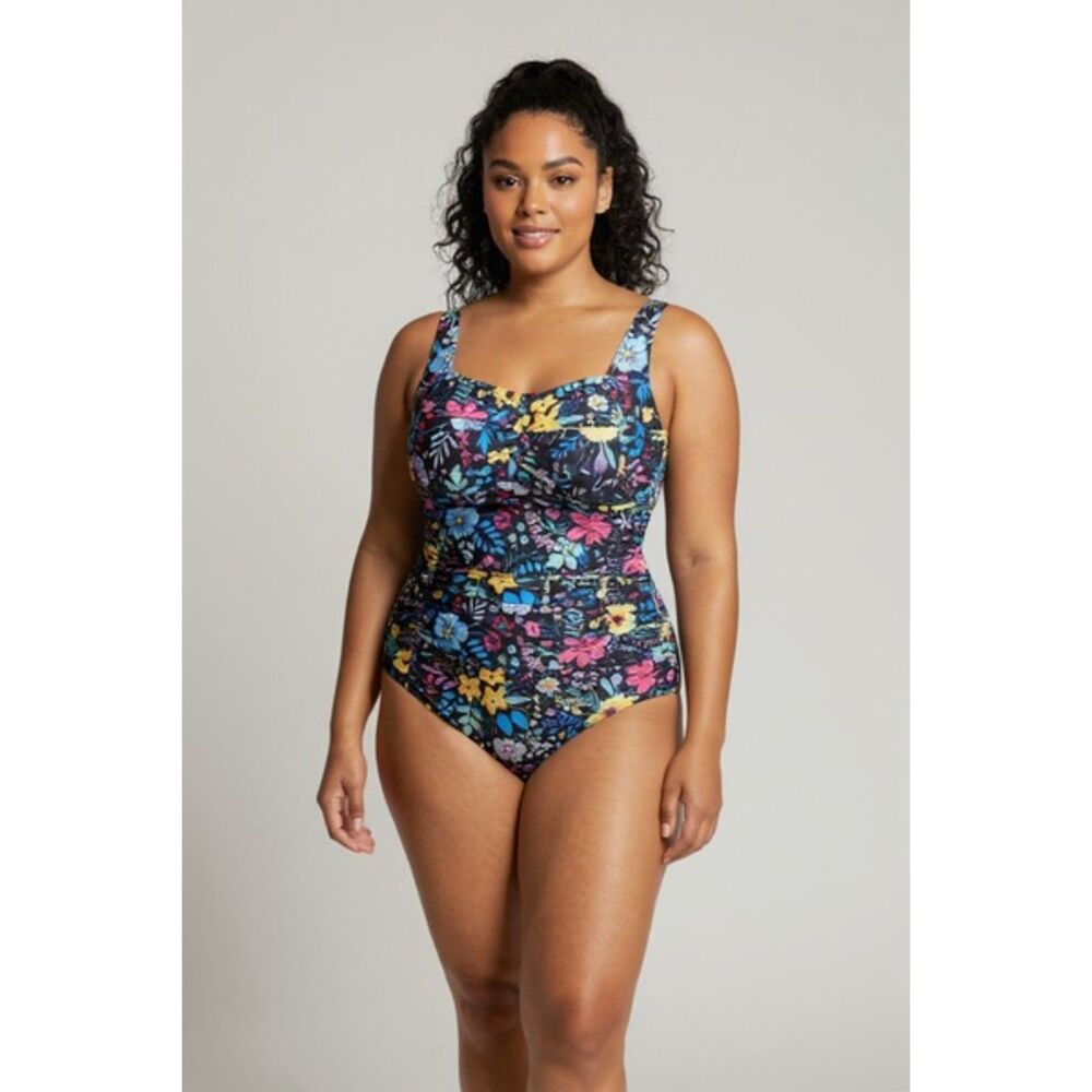 NWT Hanna Nikole Swimsuit Ruched Floral One Piece Tummy Control Built in Bra 14W